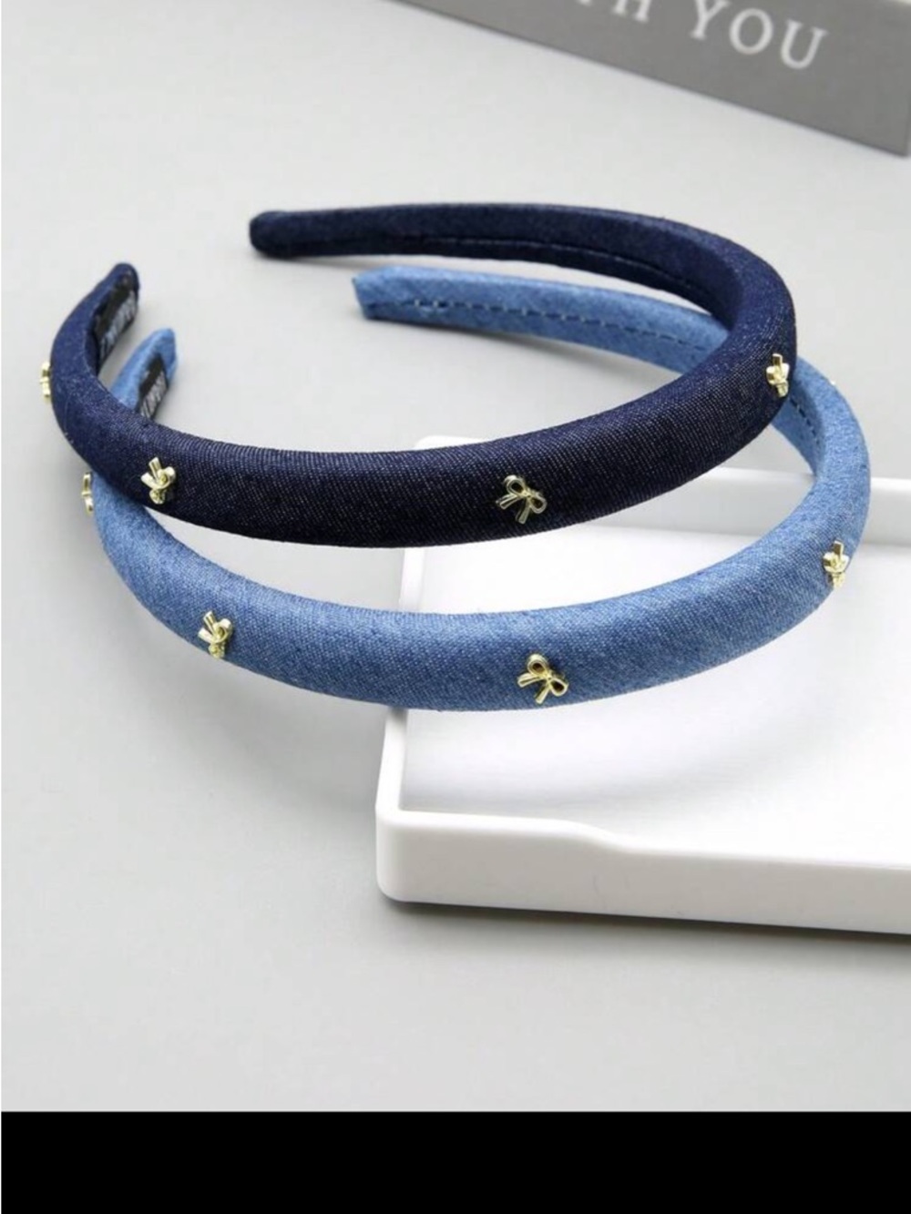 Denim Padded Headbands with Tiny Gold Bow Accents - Set of 2 (Light & Dark Blue)